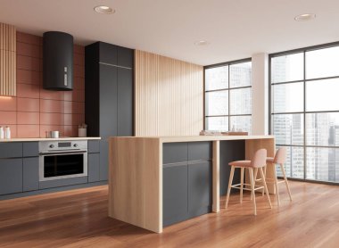 Ahşap ev mutfağı manzarası, bar adası, ahşap zeminde yemek pişirme dolabı. Gökdelenlerde panoramik pencereli lüks yemek alanı. 3B görüntüleme