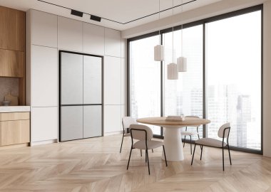 Ev mutfağı manzarası mutfak dolabı ve buzdolabı, ahşap zeminde sandalyeli yemek masası. Gökdelenlerin panoramik penceresi. 3B görüntüleme