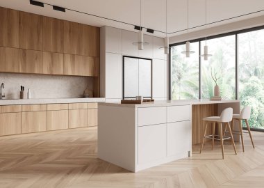 Ahşap ve beyaz dolaplı modern mutfak, parlak ve ferah iç mekan, yemyeşil manzaralı geniş pencereler, minimalist tasarım, çağdaş ev dekorasyonu, gündüz. 3B Hazırlama