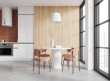 Beyaz ve ahşap mutfak masası, sandalyeler, fırın ve sobalı yemek dolabı. Şehrin gökdelenlerinin panoramik penceresi. 3B görüntüleme