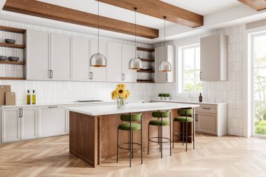 Beyaz ve ahşap mutfak manzarası, bar adası, yemek dolabı ve ahşap zeminde panoramik pencere. Kır evinde rahat bir yemek odası. 3B görüntüleme