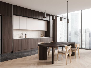 Ahşap dolapları ve geniş karanlık yemek masası olan, ahşap ve mermer zemin üzerinde şehir manzarası olan modern bir mutfak. İç tasarım konsepti. 3B Hazırlama.