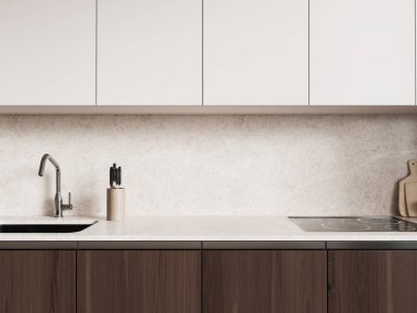 Lavabo, elektrikli soba, kuvars tezgahı ve mutfak gereçleri olan şık bir mutfak. Minimalist yemek pişirme alanının kapalı rafları. 3B görüntüleme
