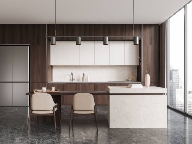 Ahşap ev mutfağı, bar adası, sandalyeler, buzdolabı dolu dolap. Gökdelenlerde panoramik penceresi olan minimalist yemek ve yeme alanı. 3B görüntüleme