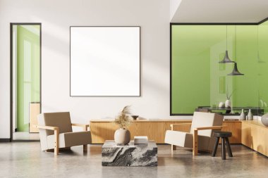 Beyaz oturma odasının içinde koltuklar, dekorasyonlu ahşap çekmece ve kanvas kare posterler var. Cam bölmenin arkasında sandalyeler olan yemek masası. 3B görüntüleme