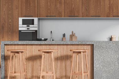 Karanlık ev mutfağının iç kısımları bar adası ve sıralı koltuklar, ahşap raflar. Modern dairede yemek pişirme ve yeme alanı. 3B görüntüleme