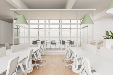 Çalışma masalarıyla içli dışlı, cam konferans salonu kürsüsü. Minimalist mobilyaları ve dekorasyonu olan bir kafe. 3B görüntüleme