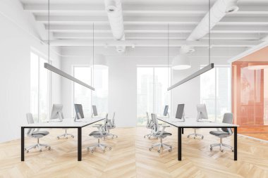 Ortak masada, parke zeminde bilgisayar olan parlak bir ofis. Bangkok gökdelenlerinde panoramik pencereli rahat bir çalışma alanı. 3B görüntüleme