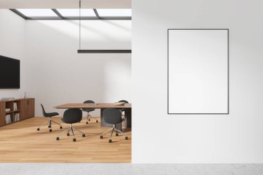 Beyaz konferans salonu, sandalyeler, masa, ahşap zemin. Televizyon ekranlı toplantı alanı ve dekorasyonlu büfe. Bölüme uzay tuval posterini kopyala. 3B görüntüleme