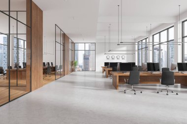 Masalarda, koltuklarda, beton zeminde bilgisayar olan rahat bir ofis. Bangkok gökdelenlerinde cam kapılı ve panoramik pencereli şık bir çalışma alanı. 3B görüntüleme