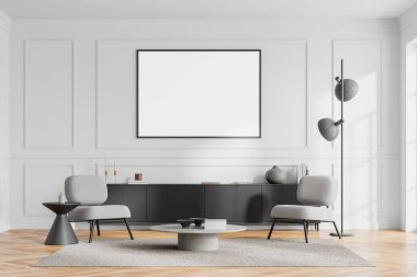 İki koltuk ve kahve sehpası olan rahat bir ev oturma odası. Siyah büfeli ve sanat dekorasyonlu rahat bir yer. Duvara çadır bezi posteri asın. 3B görüntüleme