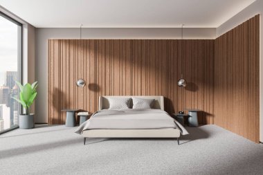 Şık bir ev yatak odası, yatak odası, süslemeli komodin, halının üzerine bitki. Gökdelenlerde panoramik penceresi olan modern bir dairede uyuma alanı. 3B görüntüleme