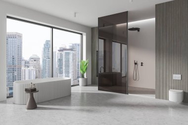 Corner view of hotel bathroom interior with bathtub, shower with glass partition and wall hung toilet. Panoramic window on Bangkok skyscrapers. 3D rendering clipart