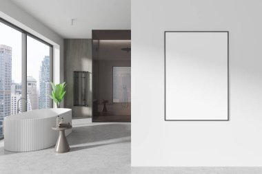 Beyaz banyo, banyo küveti, cam duş, havlu korkuluğu ve aksesuarlı masa. Bangkok 'ta panoramik pencere. Tuvalin posterini hazırla. 3B görüntüleme