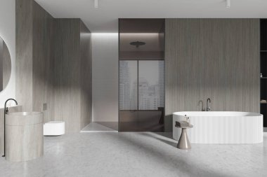 Gri taştan ev banyosu lavabosu ve duvarda asılı tuvalet, cam duş ve aksesuarlı küvet. Beton zeminde minimalist banyo. 3B görüntüleme