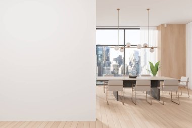 Lüks mutfak, masa ve sandalyeler, ahşap zemin. New York gökdelenlerinde panoramik pencereli şık bir yemek odası ya da toplantı odası. Boş duvar bölmesini düzenle. 3B görüntüleme