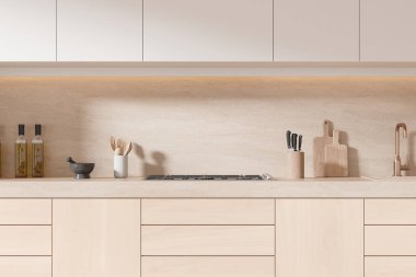 Lüks ev mutfağı. Soba, lavabo, mutfak gereçleri, gizli raf tasarımı. Kapalı minimalist yemek pişirme alanı, modern dairede ahşap dolap. 3B görüntüleme