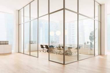 Toplantı panosu ve sandalyeli iç mekan manzarası, ahşap zemin klasörlü çekmece. Singapur gökdelenlerinde cam toplantı alanı ve panoramik pencere. 3B görüntüleme