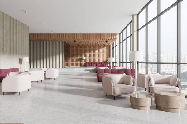 Стильный интерьер вестибюля с бордовым диваном, креслами и журнальным столиком на светлом бетонном полу. Гостиная или место для ожидания на подиуме возле панорамного окна на небоскребы. 3D рендеринг