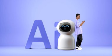Siyah adam akıllı telefonla yazı yazıyor. Mor geniş formatlı arka planda çizgi film yapay zeka robotunun yanında duruyor. Sanal asistan kavramı, çevrimiçi iletişim ve makine öğrenimi