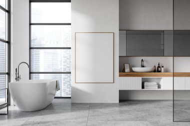 Duvarında büyük çerçeveli bir poster olan modern bir banyo. Minimalist tasarım, küvetli ve gösterişli. Hafif arkaplan. Model konsepti. 3B Hazırlama