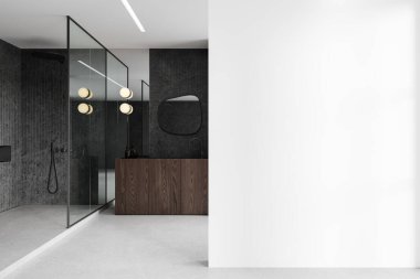 Şık bir banyo, cam duş ve lavabo, ahşap kibir ve aksesuarlar, beton zemin. Taştan banyo alanı ve boş duvar bölmesi. 3B görüntüleme