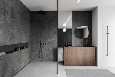 İçi cam duş ve lavabo, ahşap kibir ve aksesuarlar, beton zeminde halı ile kaplı Stone Otel banyo. Modern dairede karanlık banyo alanı. 3B görüntüleme