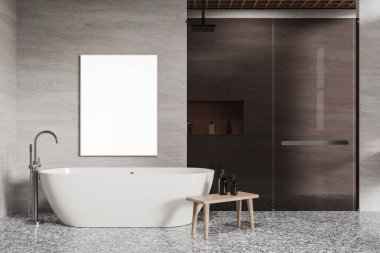 Modern banyo küveti ve duvarında boş çerçeveli poster, minimalist tarz, hafif arka plan, lüks yaşam tarzı. 3B Hazırlama