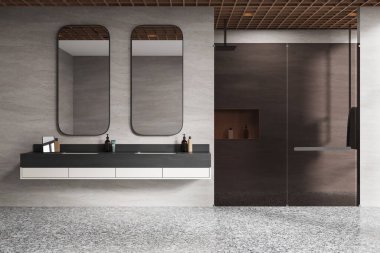 Modern banyo tasarımı, çift ayna ve yüzen kibir, minimalist tarz, hafif arka plan, lüks konsept. 3B Hazırlama