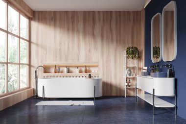 Çift lavabolu, iki aynalı, beyaz küvetli ve aksesuarlı bir otel tuvaleti. Tropik bölgelerde panoramik pencereli ahşap ve mavi banyo alanı. 3B görüntüleme 