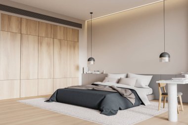 Modern yatak odası, rahat bir yatak odası, ahşap gardırop ve minimalist dekor. Parlak, temiz bir oda, aydınlık bir arka plan. Çağdaş yaşam kavramı. 3B Hazırlama
