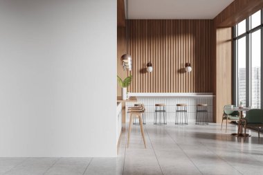 Bar adası ve sıralı koltukları olan ahşap ve beyaz bir kafe. Gökdelenlerin panoramik penceresinin yanında yemek masaları olan bir yer. Boş duvar bölmesini düzenle. 3B görüntüleme