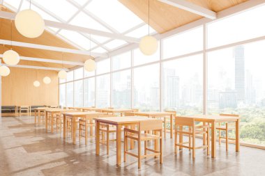 Ahşap masa ve sandalyeli modern kafeterya, şehir manzaralı büyük pencereler, çağdaş tasarım, parlak iç mimari. 3B Hazırlama
