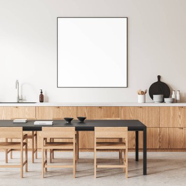 Yemek masası ve sandalyeleri olan şık bir mutfak. Ahşap mutfak dolabı, lavabo ve mutfak malzemeleri tezgahın üzerinde kare şeklinde tuval posterler. 3B görüntüleme