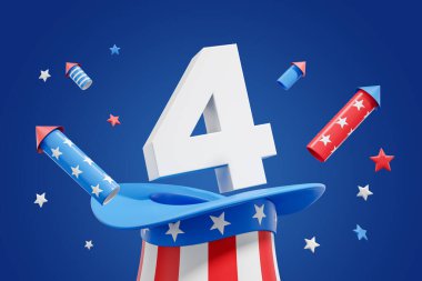Kavramsal 4 Temmuz harf kartı, dört numara, havai fişekli Amerikan şapkası. Bağımsızlık Günü ve kutlama kavramı. 3B resimleme