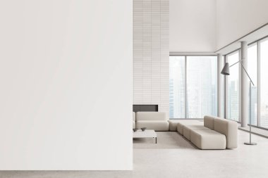 Beyaz ev oturma odasının içinde kanepe, beton zeminde halı. Boş duvar bölümüyle rahatla. Singapur gökdelenlerinin panoramik penceresi. 3B görüntüleme