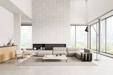 İki koltuk ve kanepe ve dekorasyonlu bir çekmeceyle ev içinde rahat bir oturma odası. Bangkok gökdelenlerinde panoramik pencereli rahatlama bölgesi. 3B görüntüleme