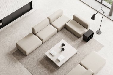 Modüler kanepeli oturma odası manzarası, halısı ve beton zemini olan kahve masası. Minimalist mobilyalar ve panoramik pencere. 3B görüntüleme