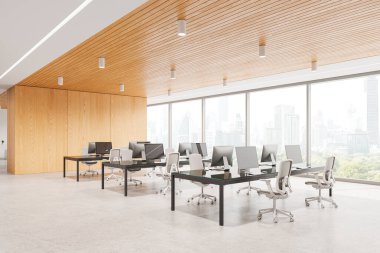 Masasında bilgisayarlar olan modern açık ofis alanı, çağdaş tarz, geniş şehir manzaralı pencereler, kurumsal çalışma ortamı kavramı. 3B Hazırlama
