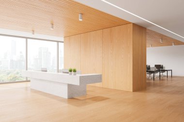 Taş resepsiyon masası ve bilgisayarlarla ofis içi manzarası, ortak çalışma odası olan yan manzara iş koridoru. Bangkok gökdelenlerinin panoramik penceresi. 3B görüntüleme