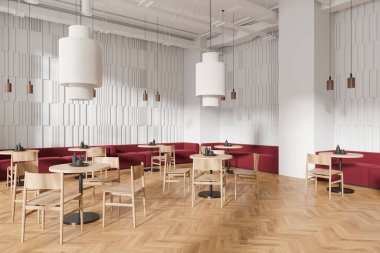 Ahşap sandalyeli, yuvarlak masalı, ahşap döşeli kırmızı kanepeli bir kafe manzarası. İskandinav mobilyaları olan şık bir restoran. 3B görüntüleme