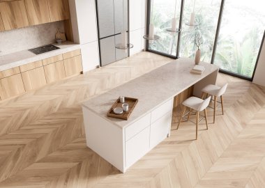 Ahşap dolabı ve adası olan modern mutfak, gösterişli ve minimalist tasarım, büyük pencerelerden gelen parlak doğal ışık, iç tasarım konsepti. 3B Hazırlama