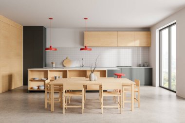 Yemek masası ve tezgahı, mutfak gereçleri ve aletleri olan şık bir ev mutfağı. Bangkok gökdelenlerinde panoramik pencereli yemek ve pişirme alanı. 3B görüntüleme