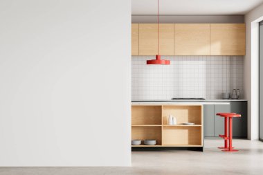 Barın içinde kırmızı taburesi olan bir mutfak, bulaşıklı raflar ve sobalı yemek dolabı ve mutfak gereçleri. Boş duvar bölmesini düzenle. 3B görüntüleme