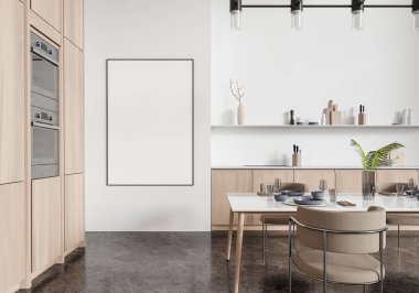 Minimalist mutfak iç mimarisi çerçeveli bir model, modern mobilya ve dekorasyon, temiz, parlak bir alan, iç tasarım. 3B Hazırlama