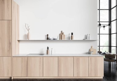 Beyaz ev mutfağı, yemek masası, sandalyeler, koyu beton zemin. Rafında soba ve mutfak gereçleri olan minimalist bir dolap, tropik bölgelerde panoramik pencere. 3B görüntüleme