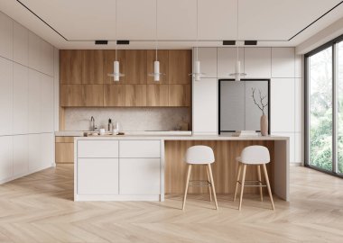 Modern mutfak, ahşap ve beyaz dolaplar, ahşap döşemeler, parlak bir arka plan. Modern tasarım konsepti. 3B Hazırlama