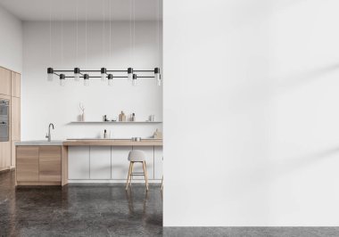 Ada ve bar taburesi olan modern mutfak, minimalist tasarım, sağda beyaz boş duvar, geniş arka plan, ev iç mimarisi. 3B Hazırlama