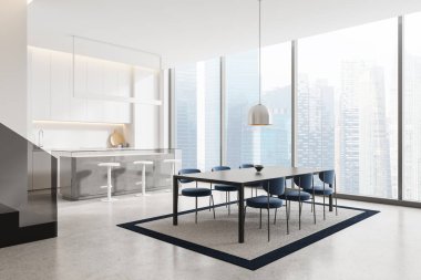 Yemek masası ve bar adasıyla lüks ev mutfağı manzarası. Singapur gökdelenlerinde mutfak gereçleri ve panoramik pencereli yemek dolabı. 3B görüntüleme