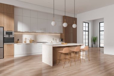 Klasik ev mutfağının iç mekan manzarası ve koltuklar, ahşap zeminde mutfak gereçleri olan mutfak dolabı. Şehrin gökdelenlerinin panoramik penceresi. 3B görüntüleme